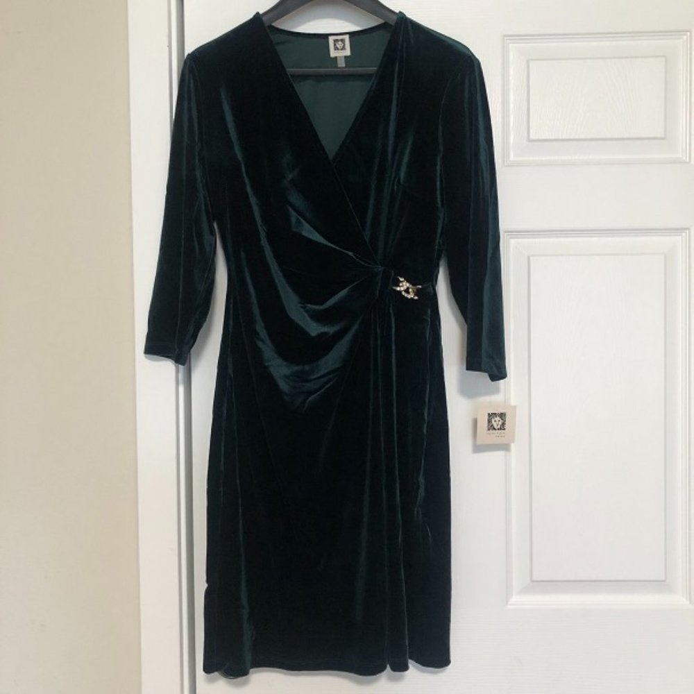 ANNE KLEIN Wrap Stretch Velvet Dress With Rhinestone Chain Buckle